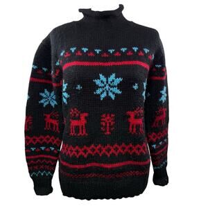 Obermeyer Fair Isle sweater Women Size S 100% Wool reindeer snowflakes Mock Neck